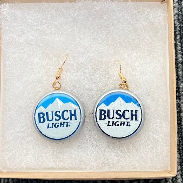 Busch and Beer Bottle Cap Drop Dangle Earrings with Vintage Caps Busch Light Handmade Earrings