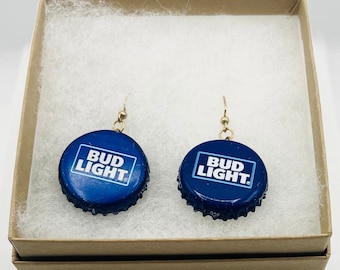 Kolczyki Bud Light Vintage z kapslami do butelek piwa, wiszące kolczyki, prezent na ostatnią chwilę dla niej