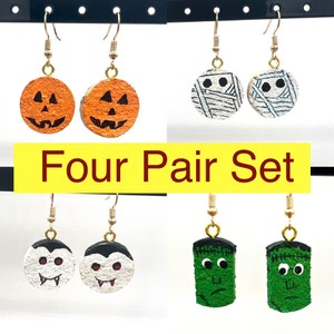 4 Pair Set Wine Cork Drop Dangle Earrings for Halloween for Wine Lovers Dracula Frankenstein Mummy Jack o’Lantern