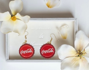 Soda Bottle Cap Drop Dangle Earrings Coca Cola Bottle Cap Earrings with Ear Wires for Her Coke Earrings for Soda Pop Lovers