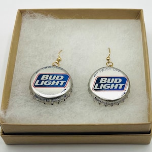 Earrings; Vintage Bud Light Beer Bottle Cap Drop Dangle Earrings with Vintage Caps