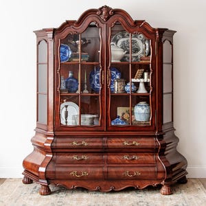 Grand Mahogany Breakfront China Cabinet with Bombe Base