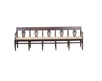 Antique Neoclassical Carved Lyre-Back Hall Bench With Rush Seat | Five-Seat Dining or Entry Bench