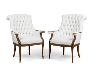Pair of Grosfeld House Style Tufted Wingback Armchairs in Ivory Linen