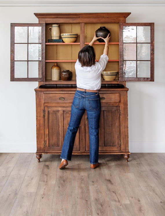 Antique American Stepback Cupboard with Wavy Glass | 1800s Pine Two-Piece Hutch with Original Painted Interior