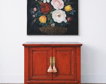Antique Petite Red Lacquer Cabinet with Brass Hardware & Tassel Pulls
