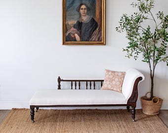 Edwardian Carved Oak Chaise Longue | Newly Reupholstered in Ivory Linen