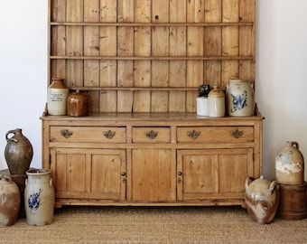 Antique English Pine Welsh Dresser with Open Plate Rack, c. 1880–1900