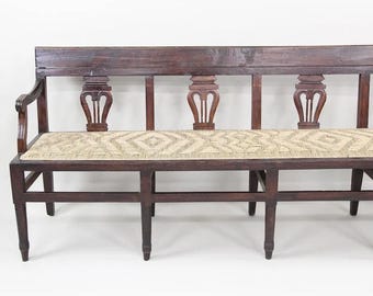 Antique Neoclassical Carved Lyre-Back Hall Bench With Rush Seat | Five-Seat Dining or Entry Bench