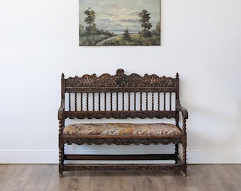 Late 19th Century English Jacobean Revival Carved Hall Bench with Vintage Turkish Kilim Upholstery
