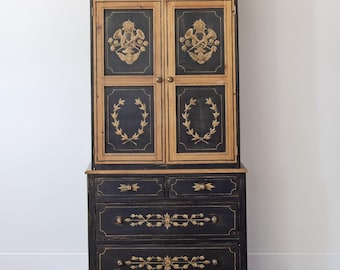 Scandinavian Black Painted Pine Linen Press with Hand-Painted Gustavian Folk Paint