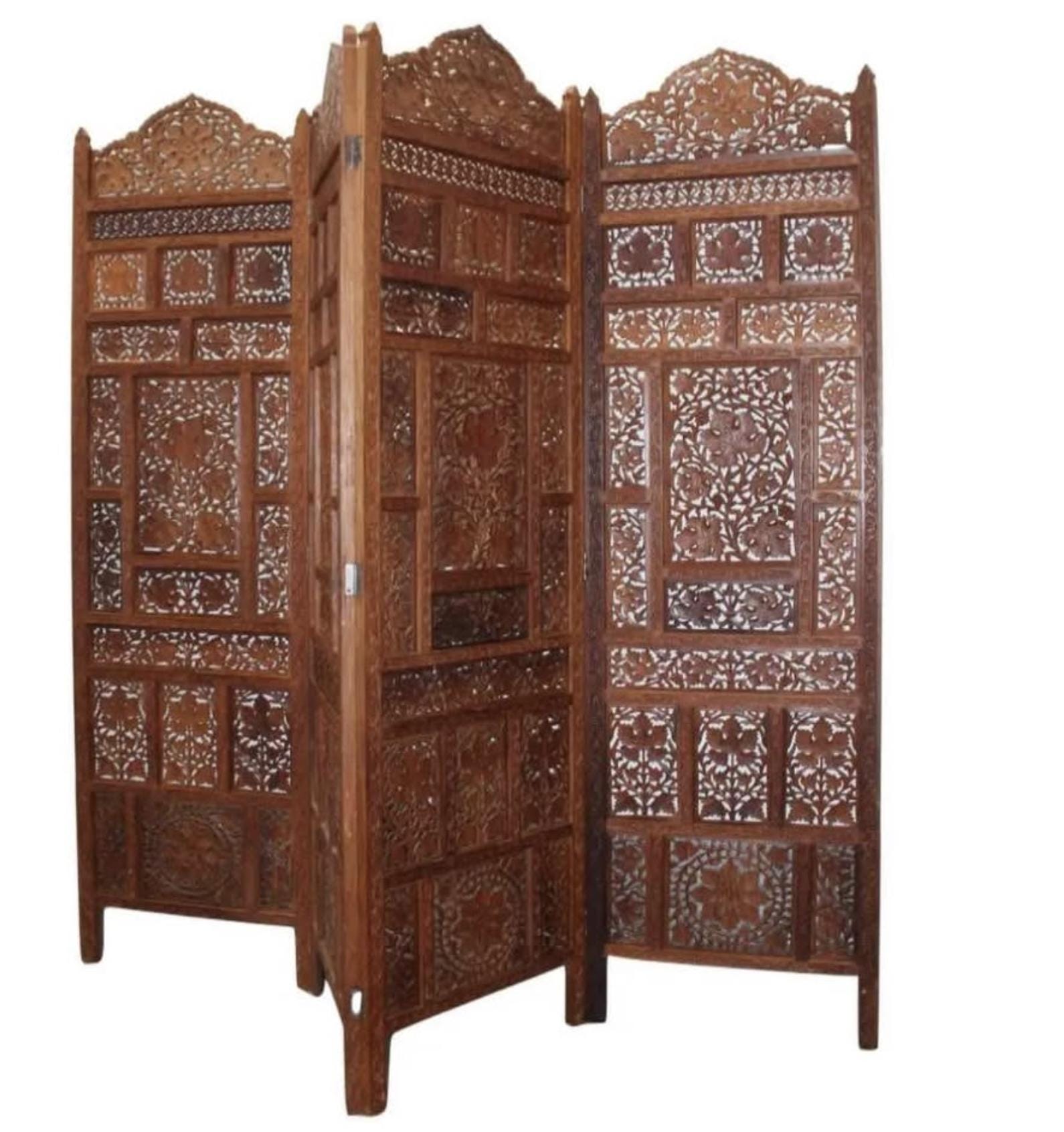 Antique 4 Panel Folding Screen - Carved Teak
