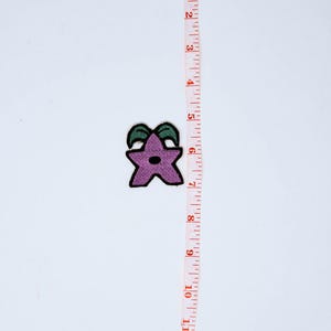 K&ouml;nnte beinhalten: Ein lila sternf&ouml;rmiger, gestickter Aufn&auml;her mit gr&uuml;nen Akzenten, etwa 6,3 cm im Durchmesser, wird neben einem Ma&szlig;band gezeigt. Der Aufn&auml;her hat einen schwarzen Rand und einen kleinen schwarzen Kreis in der Mitte. Das Ma&szlig;band ist in Zoll markiert.