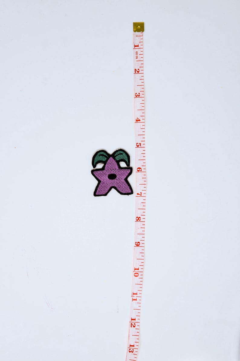K&ouml;nnte beinhalten: Ein lila sternf&ouml;rmiger, gestickter Aufn&auml;her mit gr&uuml;nen Akzenten, etwa 6,3 cm im Durchmesser, wird neben einem Ma&szlig;band gezeigt. Der Aufn&auml;her hat einen schwarzen Rand und einen kleinen schwarzen Kreis in der Mitte. Das Ma&szlig;band ist in Zoll markiert.