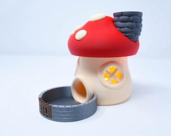 Torre de dados con forma de hongo en rojo con luces