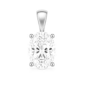 May include: A silver-toned pendant featuring a large, clear, oval-cut gemstone held in a four-prong setting. The pendant includes a smooth, tapered bail at the top, designed for attachment to a chain, showcasing a polished, reflective metallic finish.