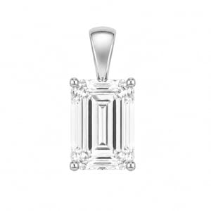 May include: A rectangular emerald-cut clear gemstone pendant set in a polished silver-toned metal four-prong setting with a tapered bail at the top. The stone features distinct step-cut facets that create a clear, reflective appearance.