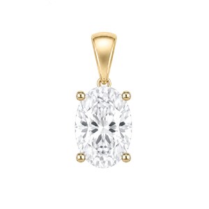 May include: A gold pendant featuring a large, clear, oval-cut gemstone held in a four-prong setting. The pendant includes a tapered, polished gold bail at the top, designed for attachment to a necklace chain, showcasing a classic, metallic finish.