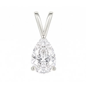 May include: A pear-shaped clear gemstone pendant set in a polished silver-toned metal prong setting. The faceted stone features a pointed bottom and a rounded top, suspended from a V-shaped bail designed to accommodate a chain for necklace wear.