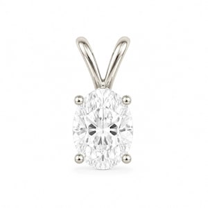 May include: A silver-toned pendant featuring a clear, oval-cut gemstone held in a four-prong setting. The pendant includes a polished metal bail at the top, designed for attachment to a chain, showcasing a clean and reflective metallic finish.