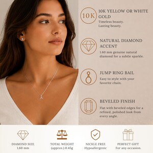 May include: A silver necklace with a small letter "A" pendant. The image also shows details about the necklace, including a 1.60 mm diamond, 10K gold, and a total weight of approximately 0.45 grams.