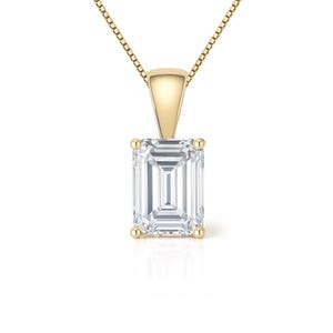 Emerald Cut Moissanite Necklace 14K Solid Gold | 0.50–2.0 CTW | Solitaire Pendant with Solid Bail  and Box Chain