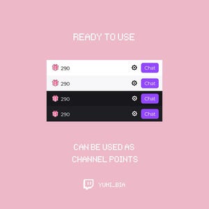 May include: A digital illustration of a Twitch channel points system with four rows of a pink gift box icon and the number 290, and a purple gear icon and the word "Chat". The text "READY TO USE" and "CAN BE USED AS CHANNEL POINTS" is displayed in white pixelated text. The Twitch logo with the text "YUMI_BIA" is displayed in the bottom right corner.