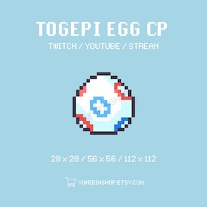 Può includere: Pixel art di un uovo di Togepi in blu, bianco e rosso. Il testo "TOGEPI EGG CP" è sopra l'uovo. Il testo "TWITCH/YOUTUBE/STREAM" è sotto l'uovo. Il testo "28 x 28/56 x 56/112 x 112" è sotto il testo. Il testo "YUMIBIASHOP.ETSY.COM" è sotto il testo.