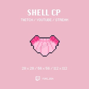 Puede incluir: Una ilustración de arte de píxeles rosa de una concha con un lazo rosa a cada lado. El texto "SHELL CP" está por encima de la concha, y el texto "TWITCH/YOUTUBE/STREAM" está debajo de la concha. El texto "28 x 28/56 x 56/112 x 112" está debajo del texto "TWITCH/YOUTUBE/STREAM". El texto "YUMI_BIA" está debajo del texto "28 x 28/56 x 56/112 x 112".