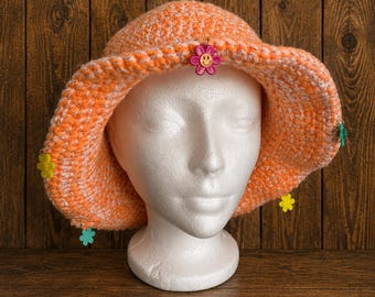 Handmade Crochet Bucket Hat | Orange and White | Glitter | Flower Charm | Festival Fashion