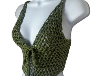 Olive Green Crochet Halter Top | Tie Front Festival Bralette, Boho Summer Style