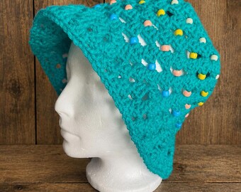 Handmade Crochet Bucket Hat | Blue | Beaded | Festival Fashion