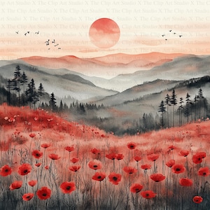 Clipart de campos de papoula do pôr do sol | 10 JPGs de alta qualidade | Download digital | Fabricação de cartões | Mídia mista | Artesanato de papel digital | Arte em aquarela