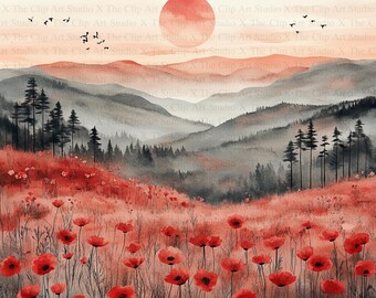 Sunset Poppy Fields ClipArt | 10 High Quality JPGs | Digital Download | Card Making | Mixed Media | Digital Paper Craft | Watercolor Art