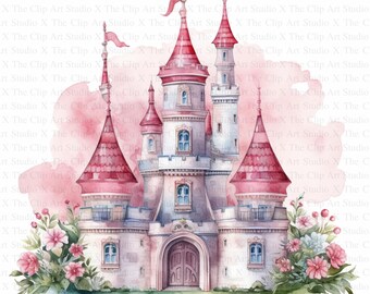 May include: A watercolor illustration of a pink fairytale castle with a white base and blue windows. The castle has multiple towers with red roofs and flags. The castle is surrounded by green grass and pink flowers.