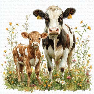 Clipart vache et veau | 10 fichiers JPG de haute qualité | Téléchargement numérique instantané | Art pour chambre d&#39;enfant | Fabrication de cartes | Clipart | Vache mignonne | Créations numériques en papier