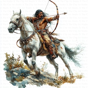 Native Indian On Horse Clipart | 10 High Quality JPG | Instant Digital Download | Watercolor Clipart | Paper Craft | Junk Journal | With Bow