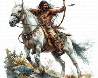 Indianer auf Pferd Clipart | 10 hochauflösende JPGs | Sofortiger digitaler Download | Aquarell-Clipart | Papierbasteln | Junk Journal | Mit Schleife