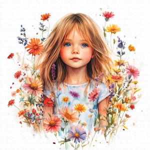 Girl In Flowers Clipart | 10 High Quality JPGs | Digital Download | Wildflower Clipart | Watercolor Clipart | Paper Craft | Junk Journal