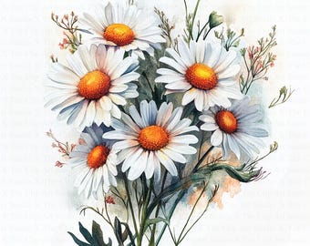 Daisies Bouquet Clipart | 10 High Quality JPGs | Digital Download | Digital Paper Craft | Junk Journals | Daisy Clipart | Watercolor Clipart