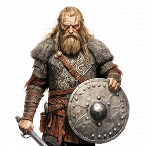 Könnte beinhalten: Ein Wikingerkrieger, der eine Leder- und Metallrüstung mit einem pelzgefütterten Umhang trägt, ein Schwert und einen runden Schild mit einem Metallboss hält.