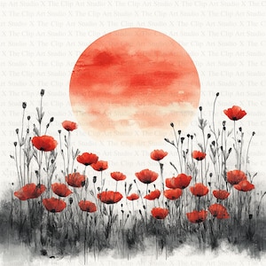 Sunset Poppy Fields ClipArt | 10 JPGs de alta qualidade | Download digital | Arte em aquarela | Criação de cartões | Técnica mista | Artesanato em papel digital