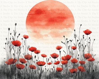 Sunset Poppy Fields ClipArt | 10 High Quality JPGs | Digital Download | Watercolor Art | Card Making | Mixed Media | Digital Paper Craft