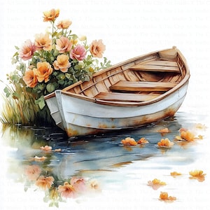 Floral Boat Clipart | 10 High Quality JPG | Digital Download | Digital Paper Craft | Junk Journal | Wooden Boat Clipart | Watercolor Clipart