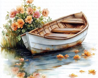 Clipart boot bloemen | 10 JPG-bestanden van hoge kwaliteit | Digitale download | Digitaal papiermodel | Junkjournaal | Houten boot-clipart | Aquarel Clipart