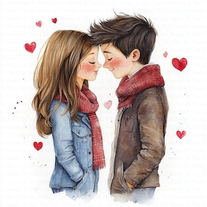 Clipart liefdespaar | 10 JPG-bestanden van hoge kwaliteit | Digitale download | Papiermodellen | Junkjournaal | Geliefden | Romantische tieners | Aquarel Clipart