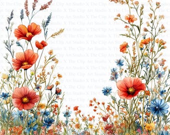 Bordure de fleurs sauvages des cliparts | 10 fichiers JPG de haute qualité | Téléchargement numérique | Créations en papier | Journal indésirable | Clipart | Clipart numérique | Scrapbooking