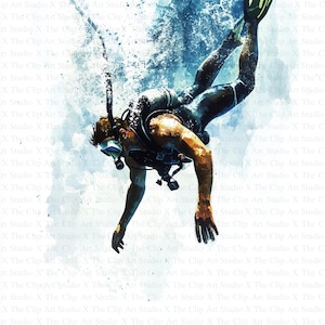 Man Diving Clipart | 10 High Quality JPGs | Digital Download | Junk Journals | Scuba Diving Clipart | Watercolor Clipart | Art | Paper Craft