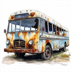 Clipart de autobús abandonado / 10 archivos JPG de alta calidad / Descarga digital / Revistas basura / Scrapbooking / Clipart de acuarela / Manualidades de papel digitales