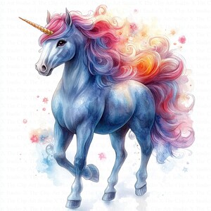 Cartoon Unicorn Clipart | 10 High Quality JPGs | Digital Download | Fantasy Unicorn | Watercolor Clipart | Digital Paper Craft, Junk Journal